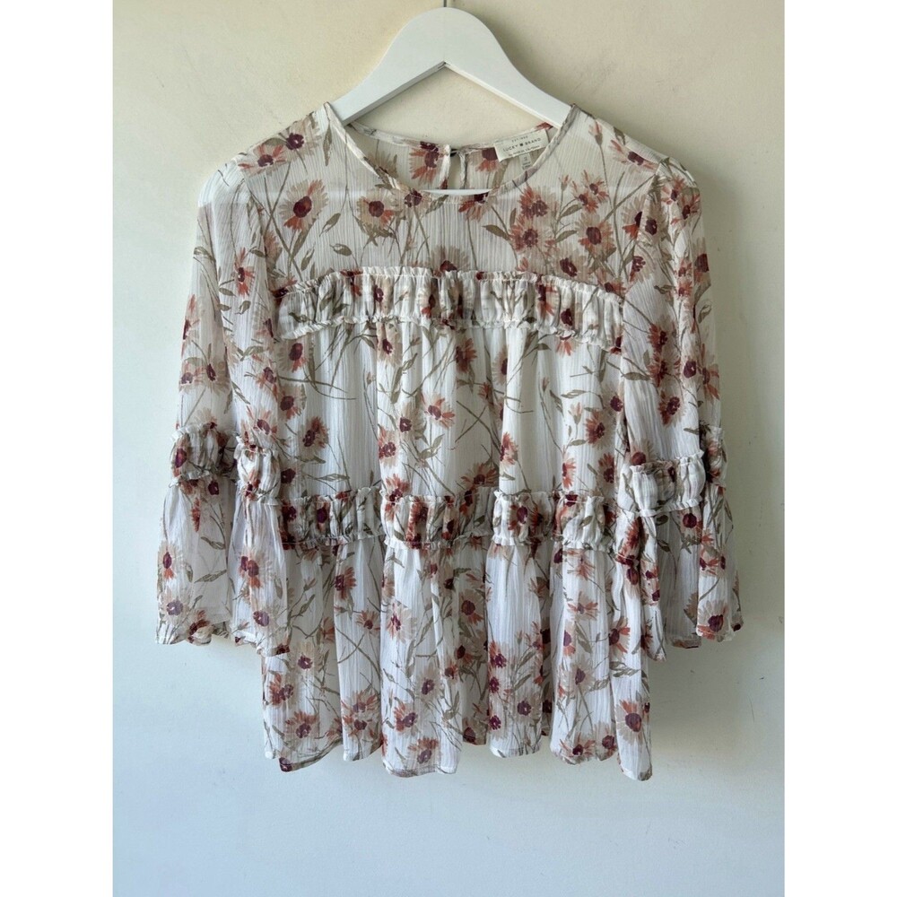 Lucky Brand White Red Multi Floral Blouse Size S Boho 3/4 Sleeve Beachy Spring